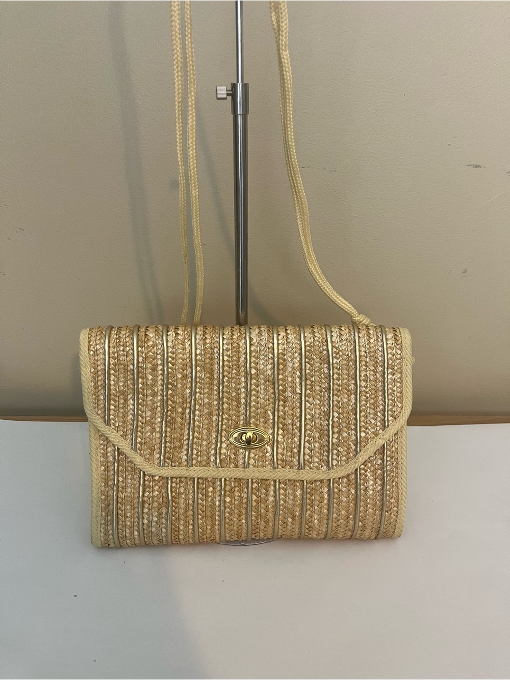 Neutral Cream Woven Crossbody Bag with Gold-Tone Turn Lock